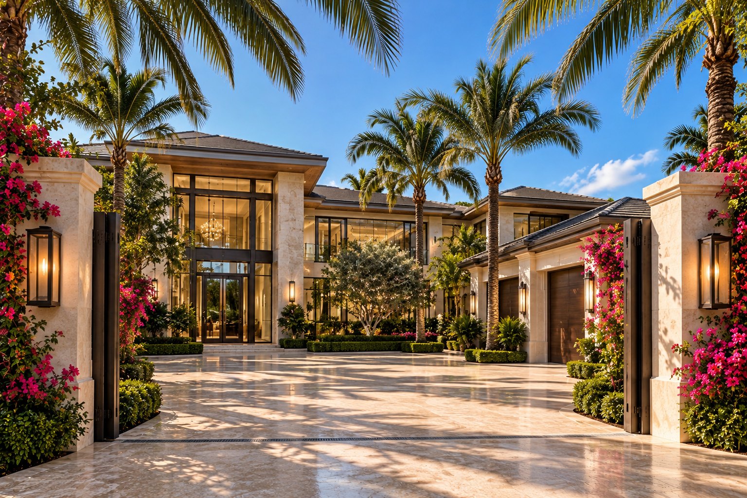 Gated Palm Beach estate with palms and bougainvillea