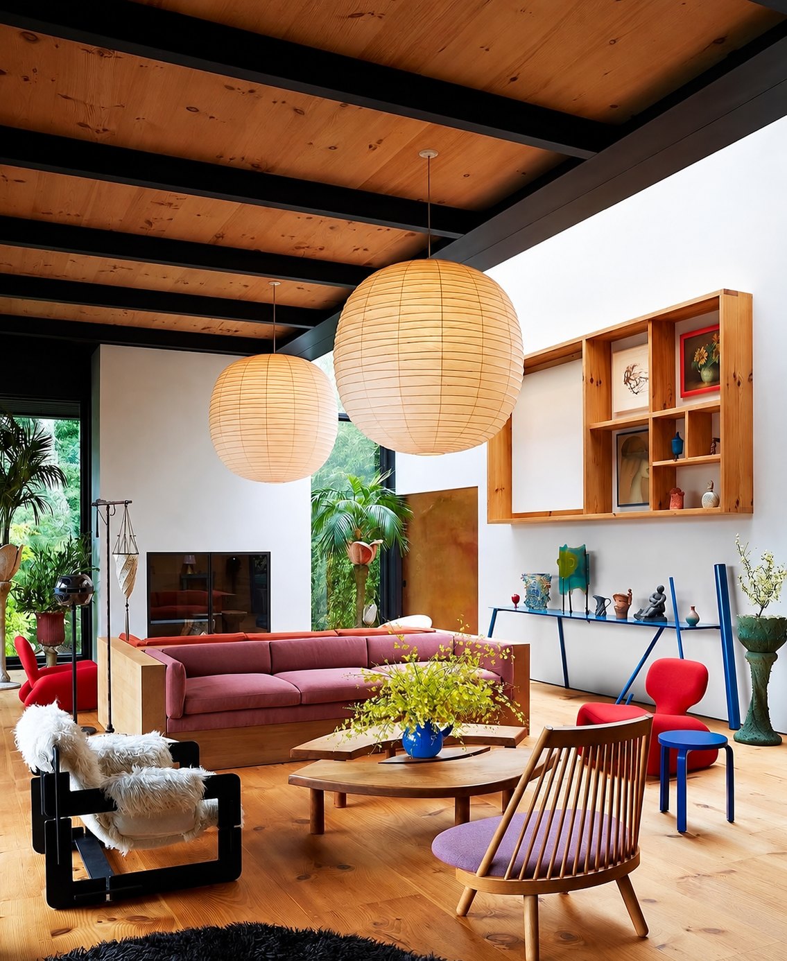 Light-filled living room with paper lantern pendants and timber ceiling