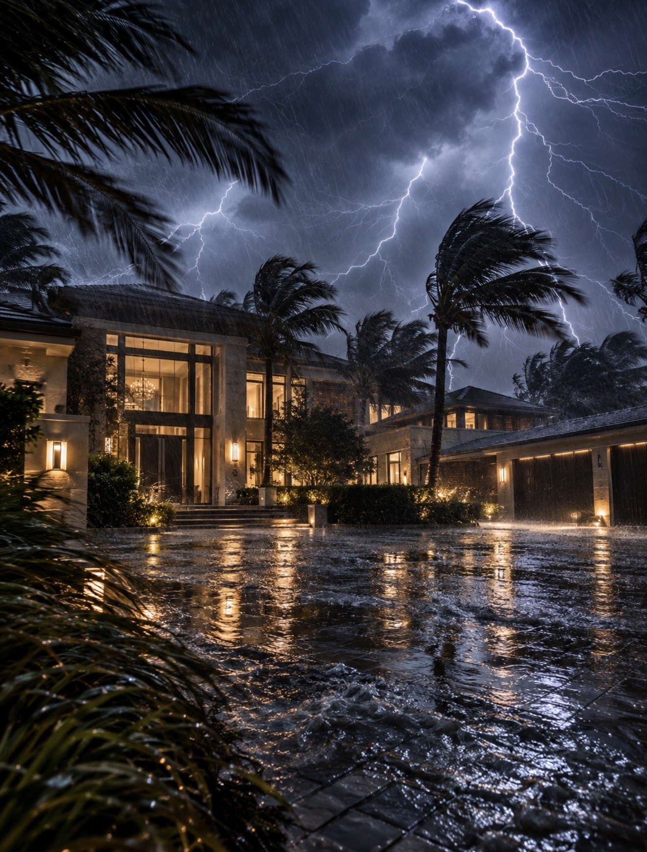 Estate with palms in a lightning storm at night